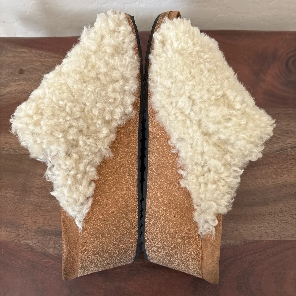 Birkenstock papillio Cream Fuzzy leather Platform Sandals. 10